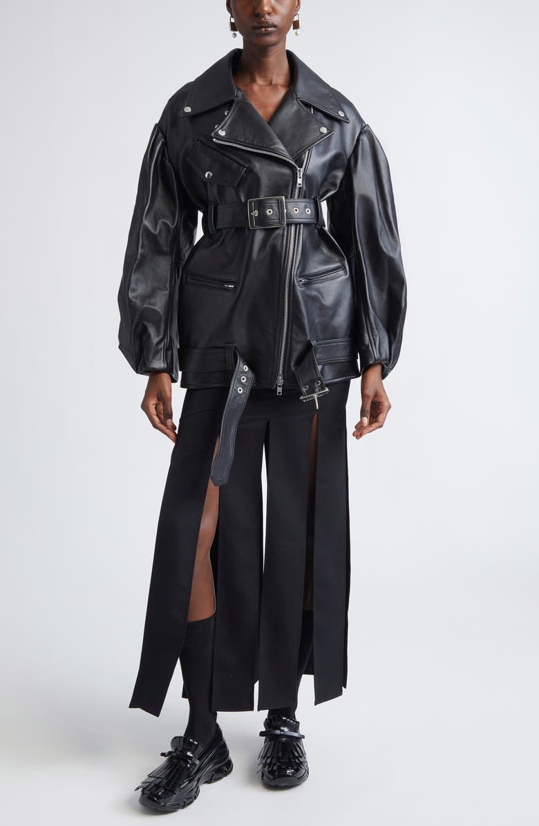 Simone Rocha Puff Sleeve Leather Biker Jacket, Alternate, color, Black