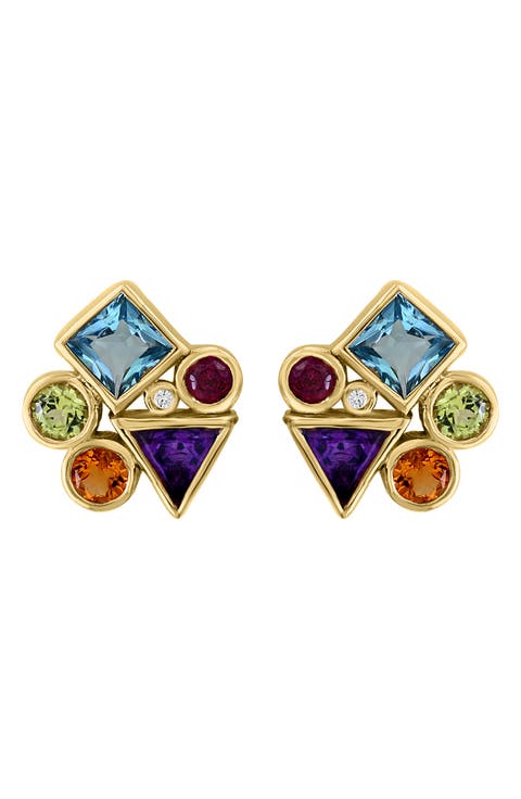 14K Yellow Gold Multi Stone Diamond Stud Earrings
