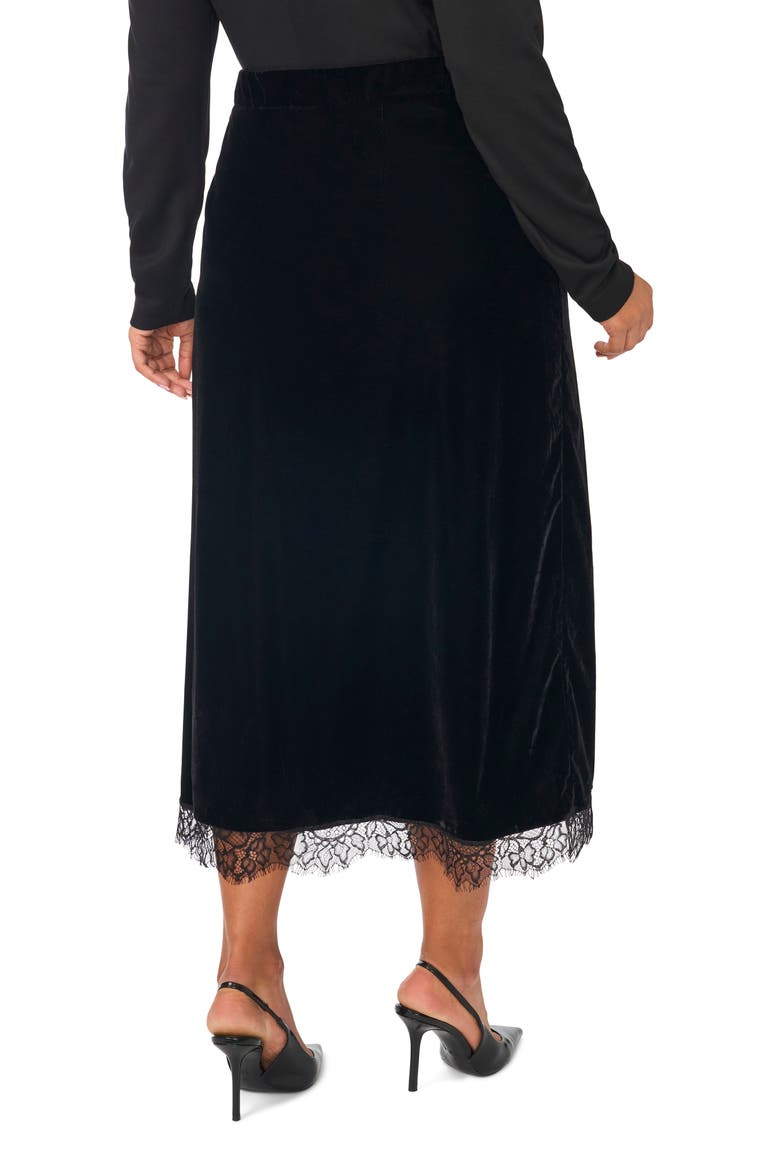 Lace Trim Velvet Midi Skirt, Alternate, color, RICH BLACK 060