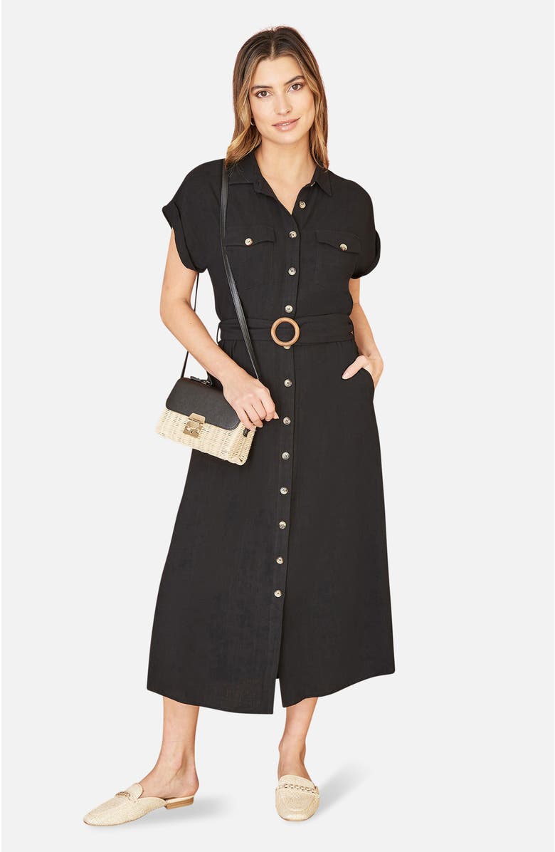 Yumi Viscose Linen Look Midi Shirt Dress, Main, color, Black