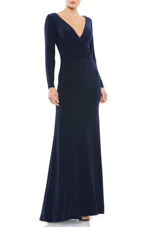 Mac Duggal Long Sleeve Ruched Jersey V-Neck Gown in Midnight 