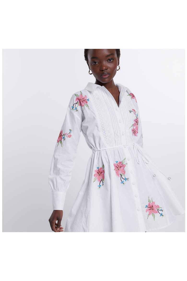 Craft Floral Embroidered Long Sleeve Belted Shirtdress, Alternate, color, WHITE