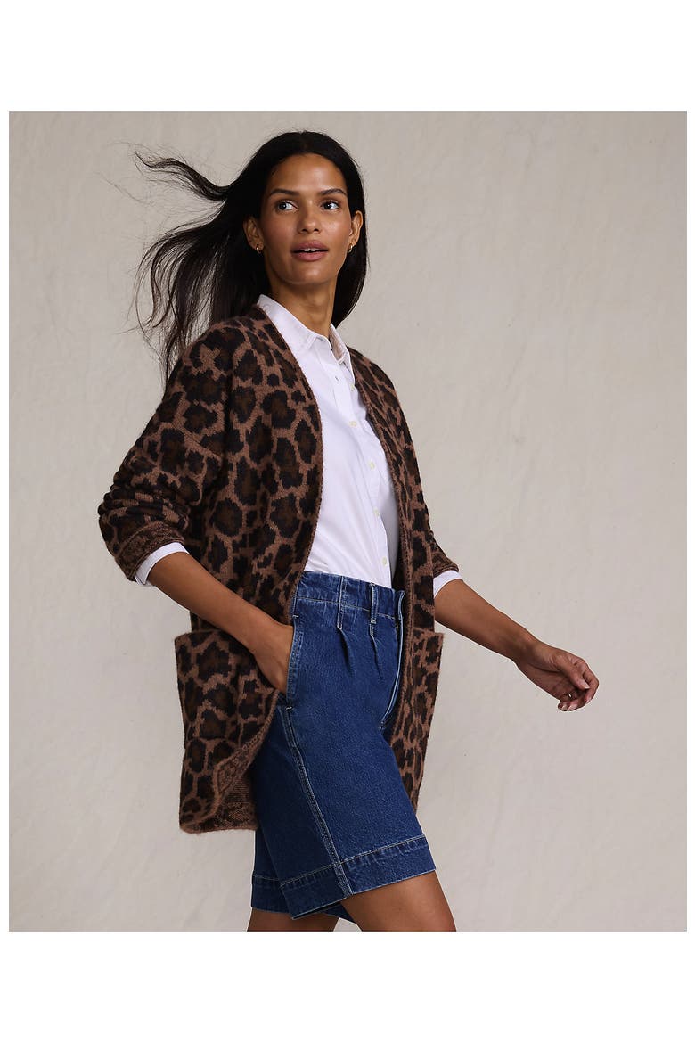 Fuzzy Jacquard Cardigan Jacket Sweater, Alternate, color, Dark Clay Animal Spots