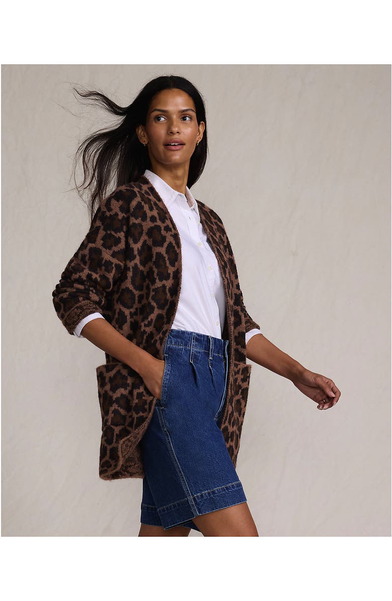 Lands' End Fuzzy Jacquard Cardigan Jacket Sweater, Alternate, color, Dark Clay Animal Spots