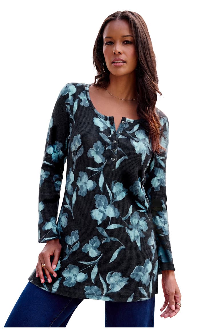 Plus Size Knit Thermal Henley Top Long Sleeve, Main, color, NAVY IRIS FLORAL