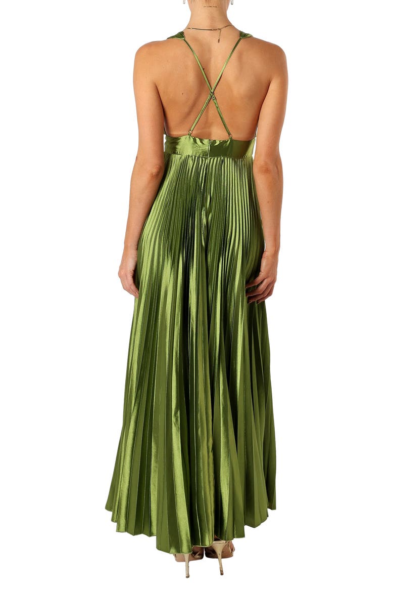 Kris Plunge Neck Pleated Satin Gown, Alternate, color, MARTINI OLIVE