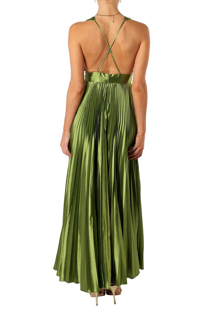 Petal & Pup Kris Plunge Neck Pleated Satin Gown, Alternate, color, Martini Olive
