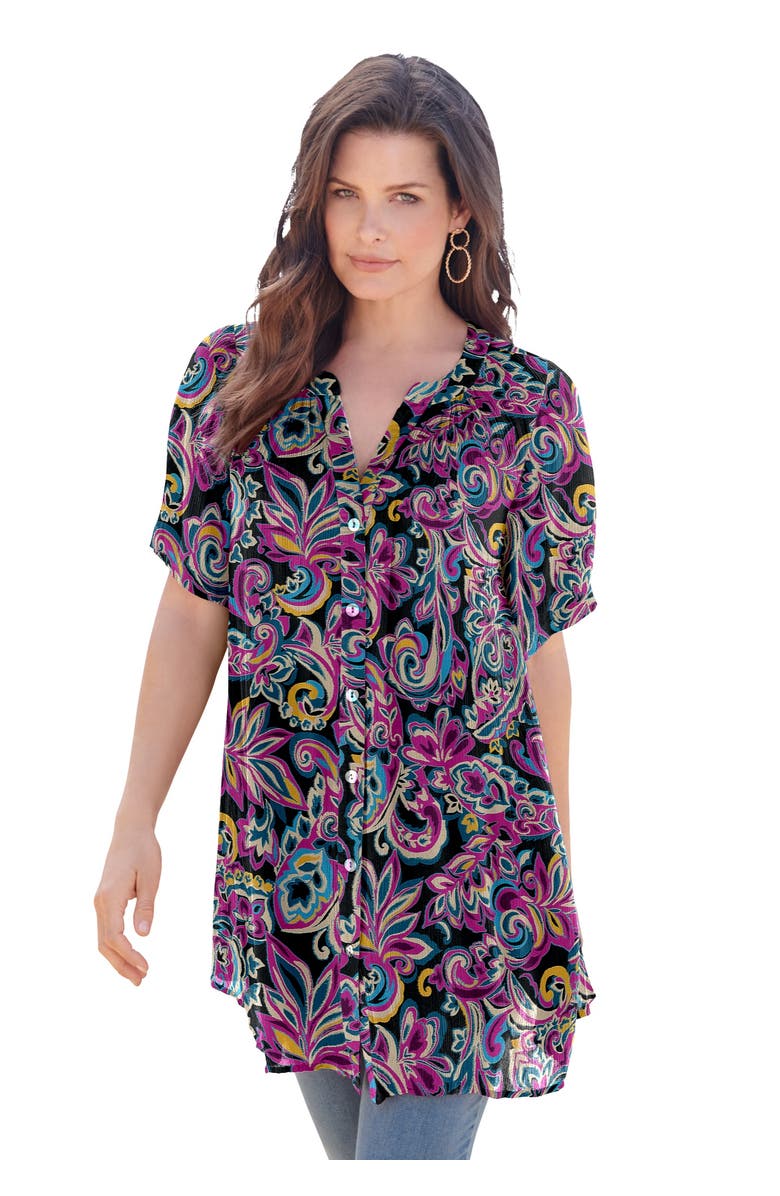 Roaman's Plus Size Angelina Crinkle Crepe Y-Neck Short Sleeve Tunic, Main, color, Black Paisley