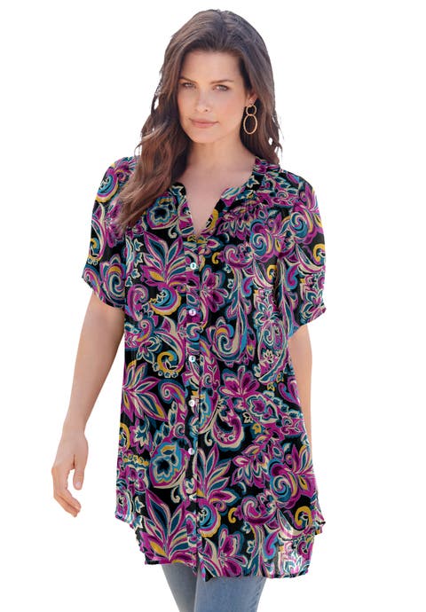 Plus Size Angelina Crinkle Crepe Y-Neck Short Sleeve Tunic (Plus)