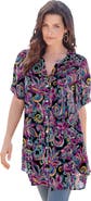Roaman's Plus Size Angelina Crinkle Crepe Y-Neck Short Sleeve Tunic