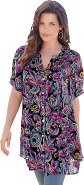Roaman's Plus Size Angelina Crinkle Crepe Y Neck Short Sleeve Tunic
