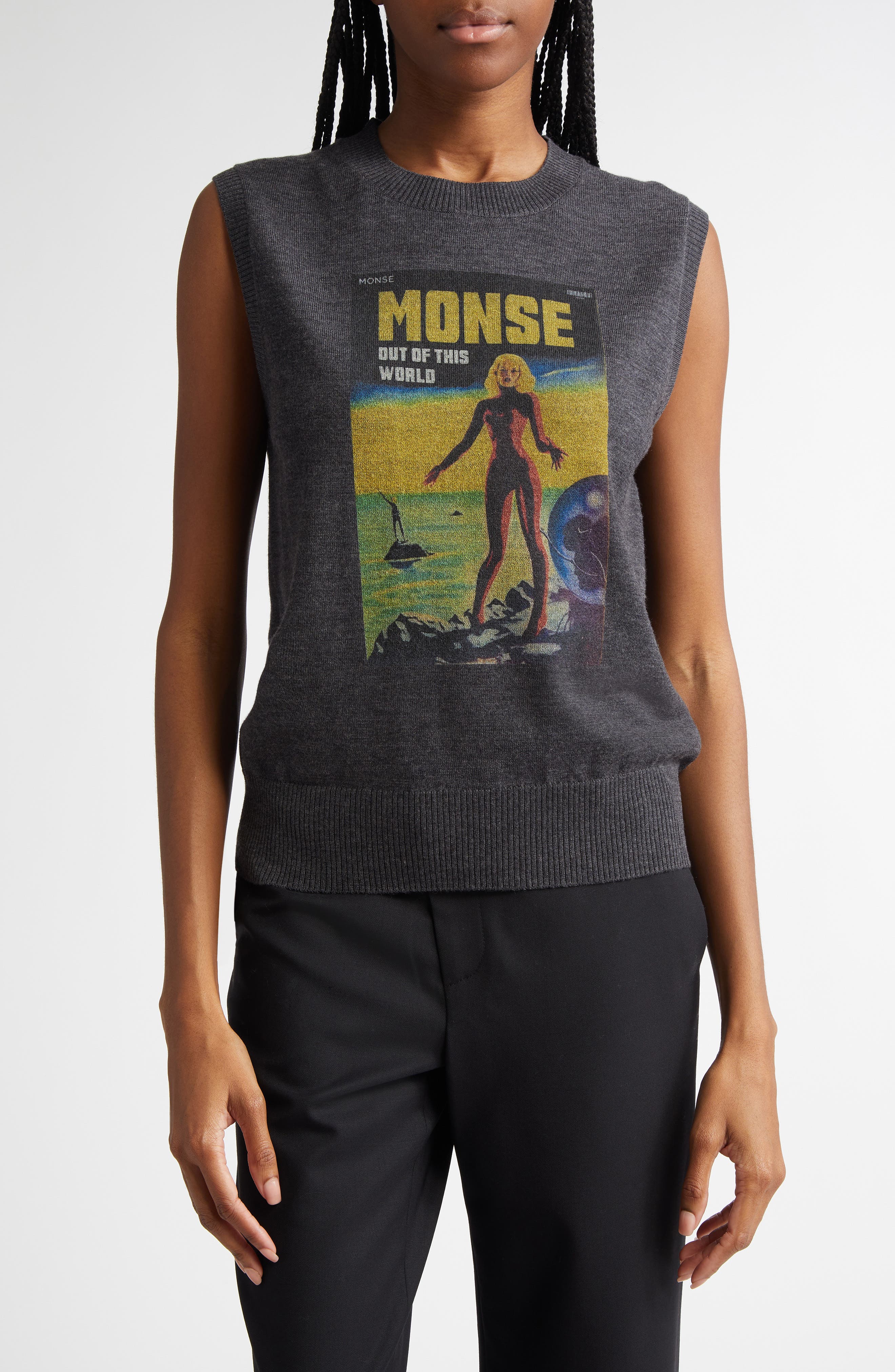 MONSE Lady Print Graphic Wool Sweater Vest in Charcoal 