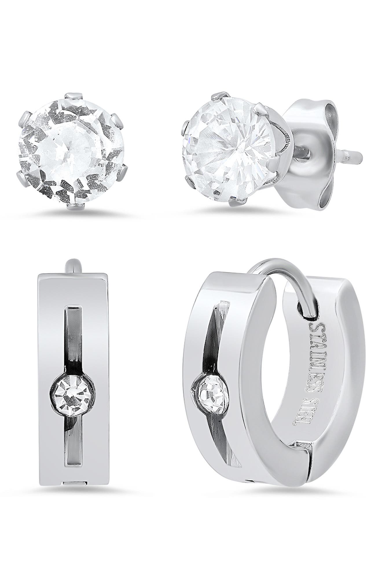 HMY JEWELRY Stainless Steel CZ Stud & Crystal Huggie Hoop Earrings Set ...