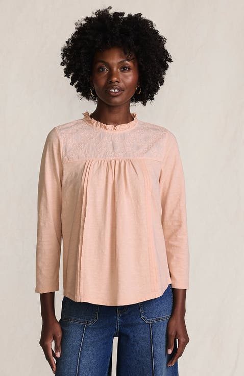 3/4 Sleeve Cotton Slub Lace Trim Top