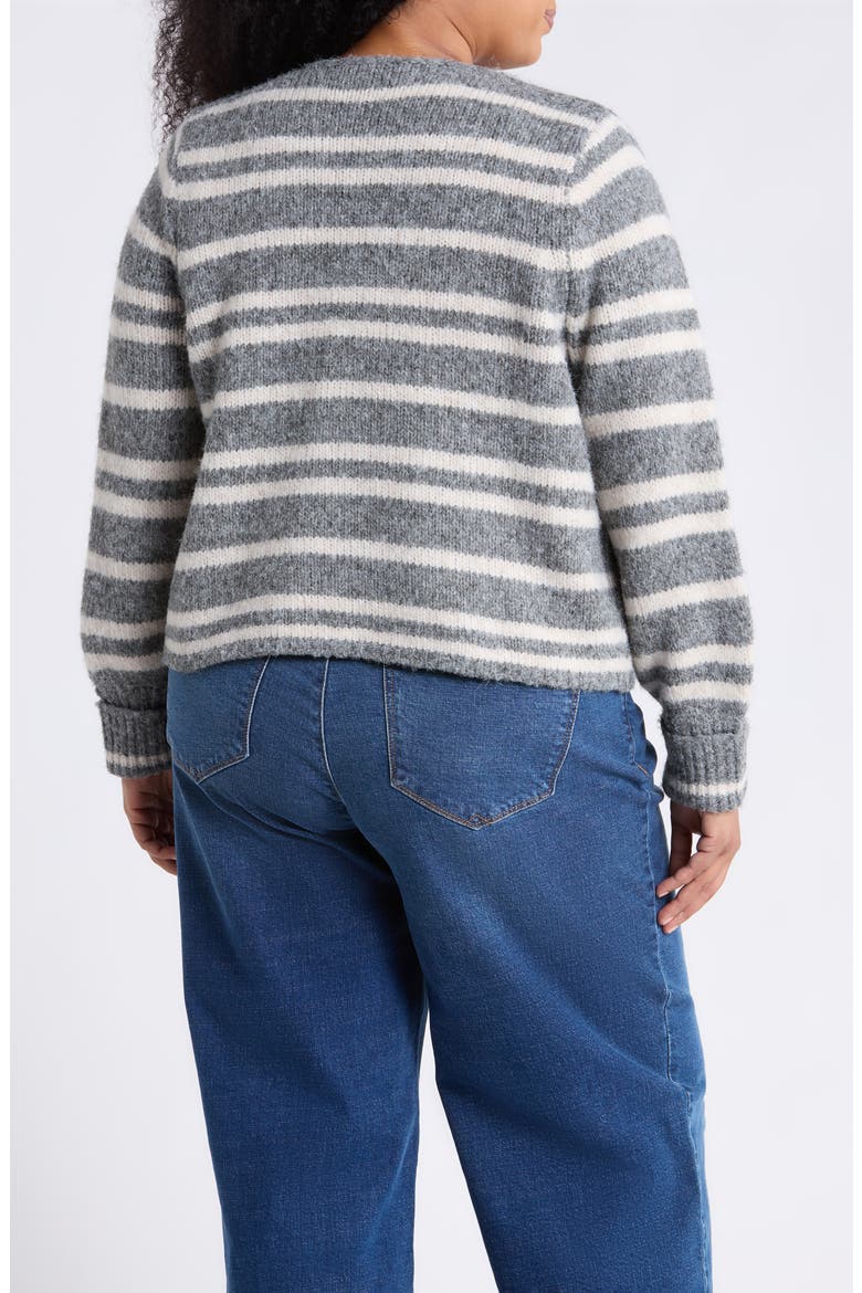 Striped Blouson Sleeve Cardigan, Alternate, color, LIGHT GREY/ ECRU