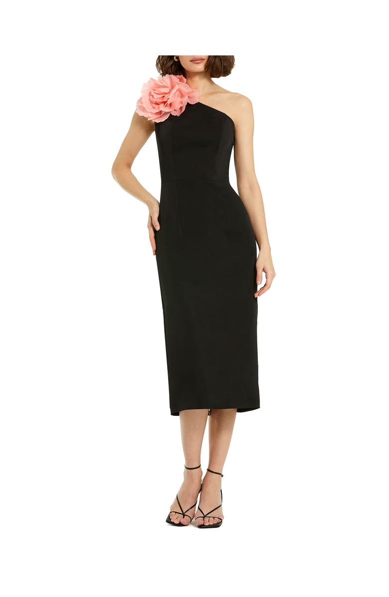 Mac Duggal Crepe One Shoulder Midi Dress With Flower, Alternate, color, Black