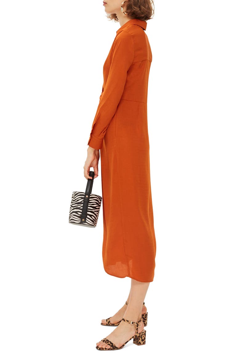 Twist Front Midi Dress, Alternate, color, BROWN