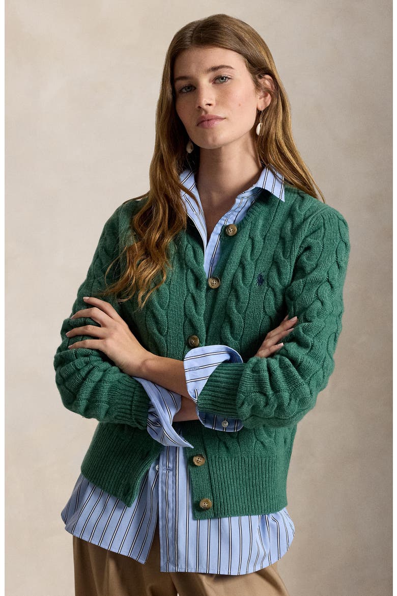 Cable Knit Wool & Cashmere Cardigan, Alternate, color, CLOVER GREEN HEATHER