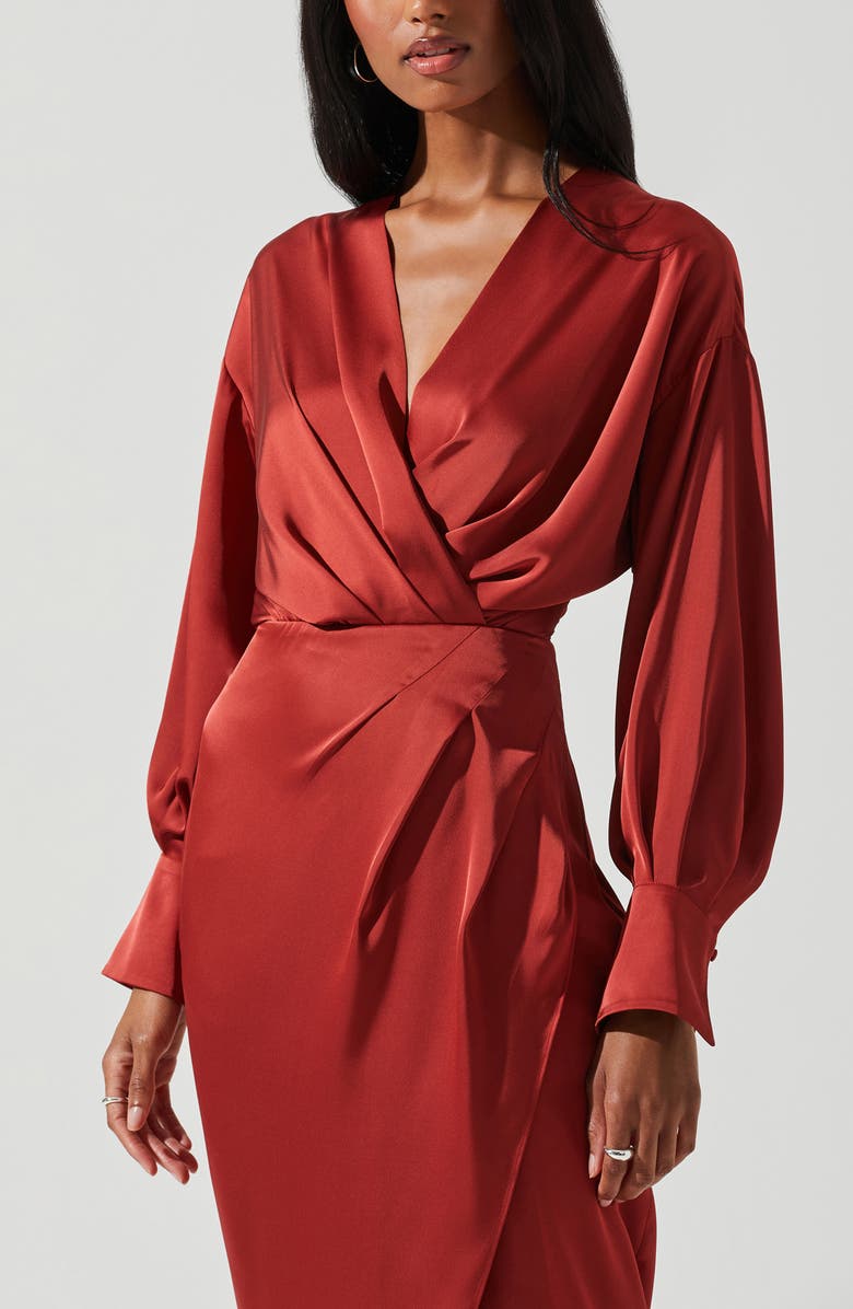 ASTR the Label Sadyra Long Sleeve Satin Midi Dress, Alternate, color, Rust
