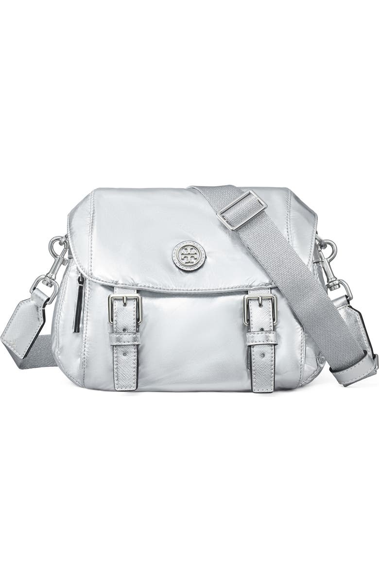 Tory Burch Small Virginia Metallic Nylon Messenger Bag, Main, color, Silver