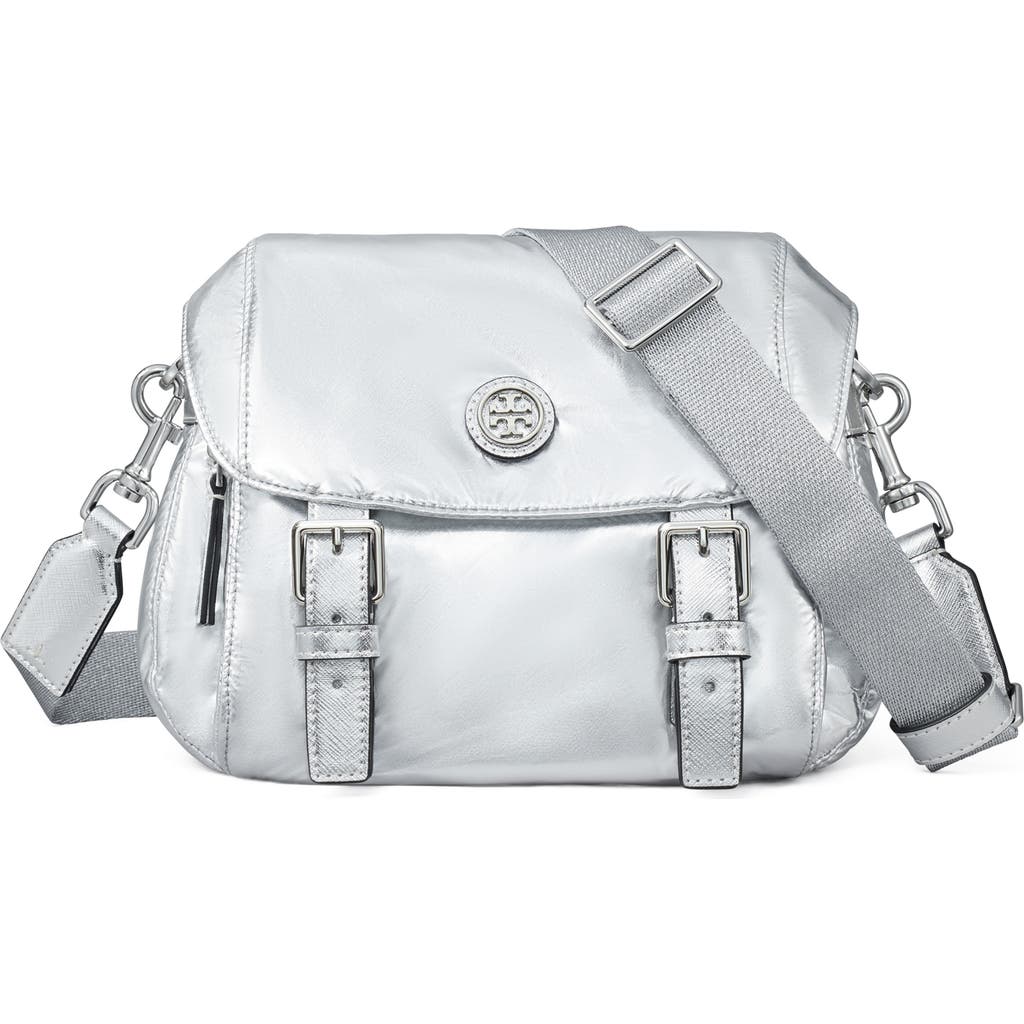 Tory Burch Small Virginia Metallic Messenger In Silver