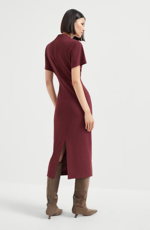 Brunello Cucinelli Drape Short-sleeve Wool Jersey Midi Wrap Dress In Burgundy