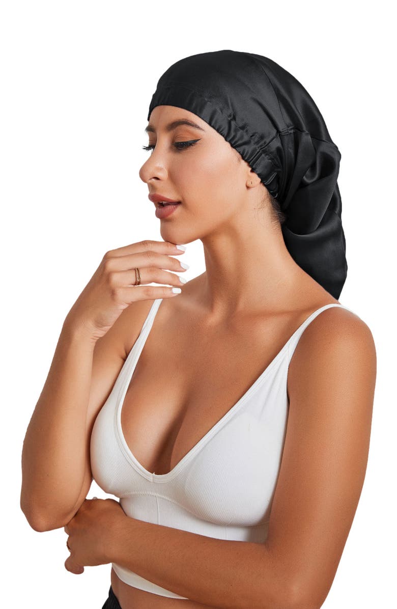 SILKSILKY Pure Silk Elasticated Bonnet, Alternate, color, Black