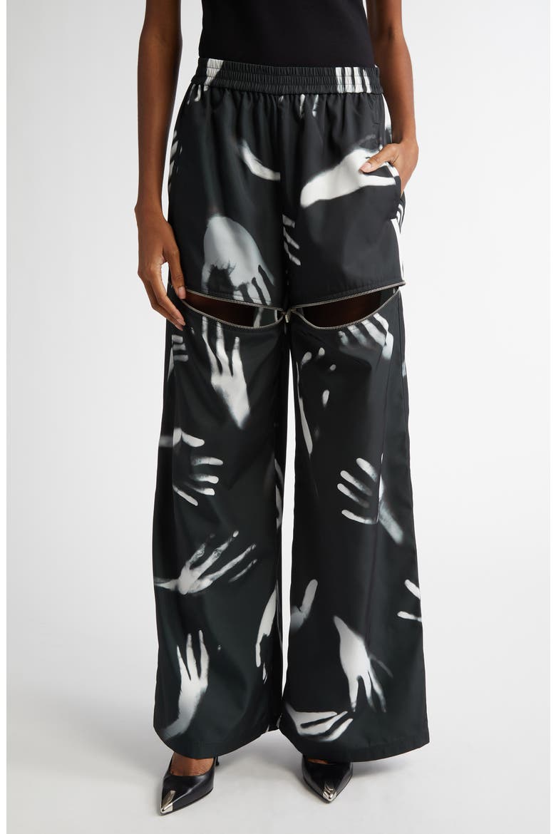 Handprint Slit Wide Leg Track Pants, Main, color, BLACK/ WHITE