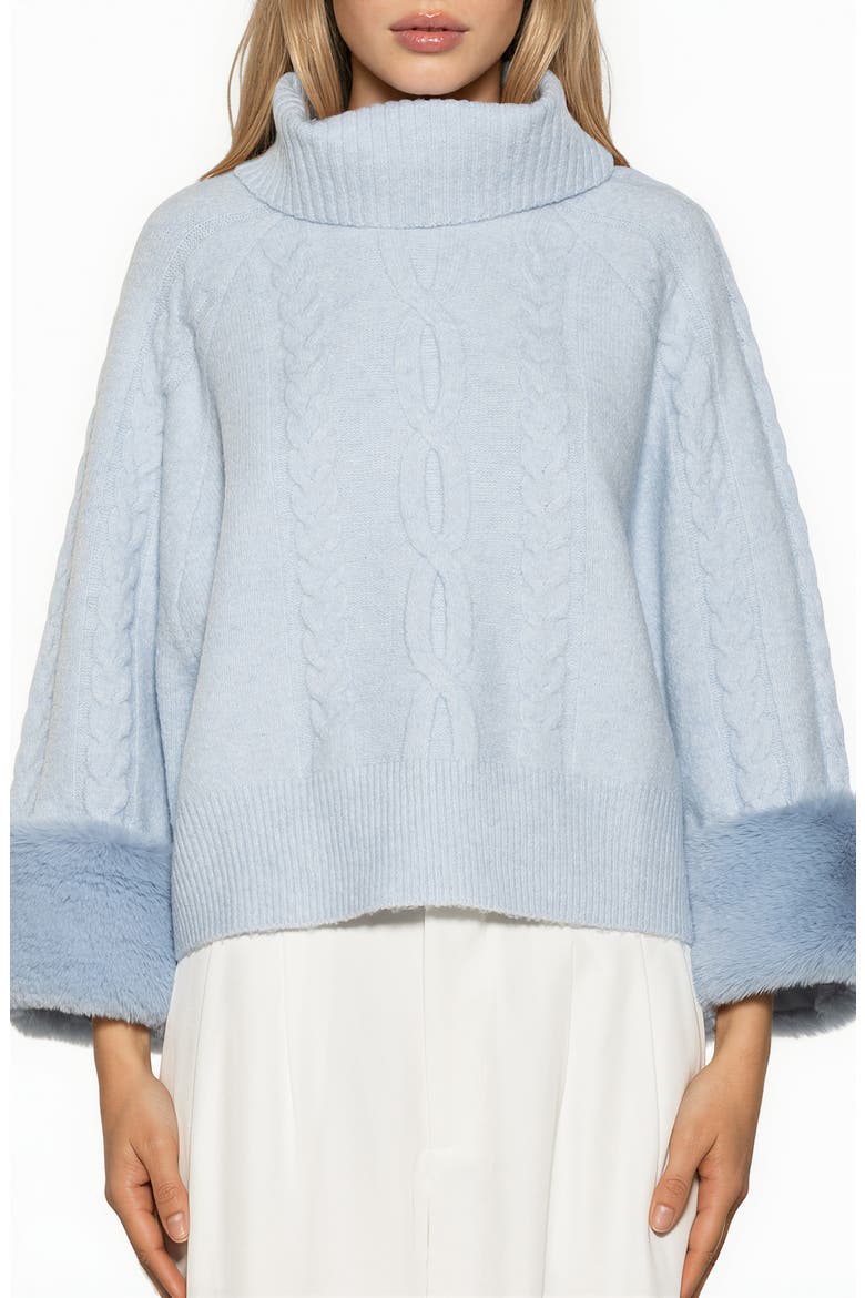 Sarah Faux Fur Cuff Cable Knit Sweater, Main, color, ICE BLUE