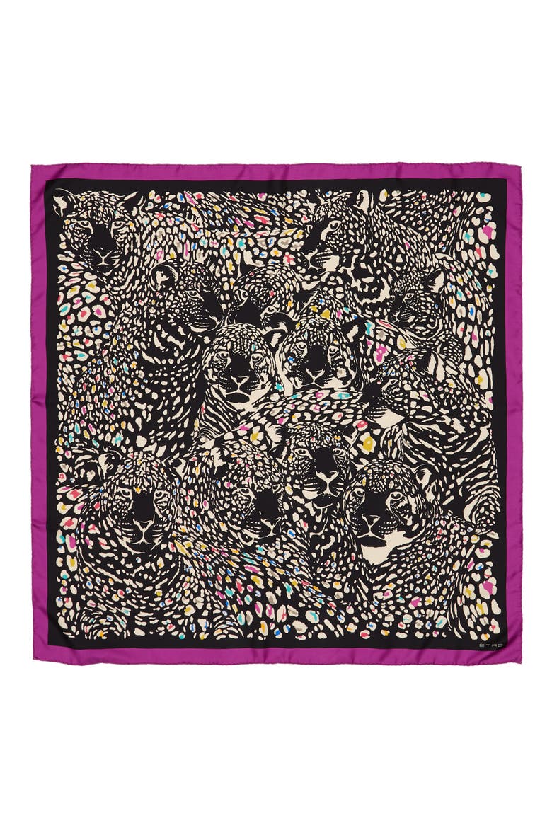 Leopard Print Square Silk Scarf, Main, color, BLACK MULTI