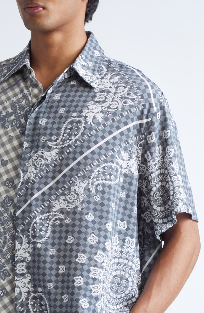 Rhude Split Gingham & Bandana Print Short Sleeve Button-Up Shirt, Alternate, color, Black / White 3028