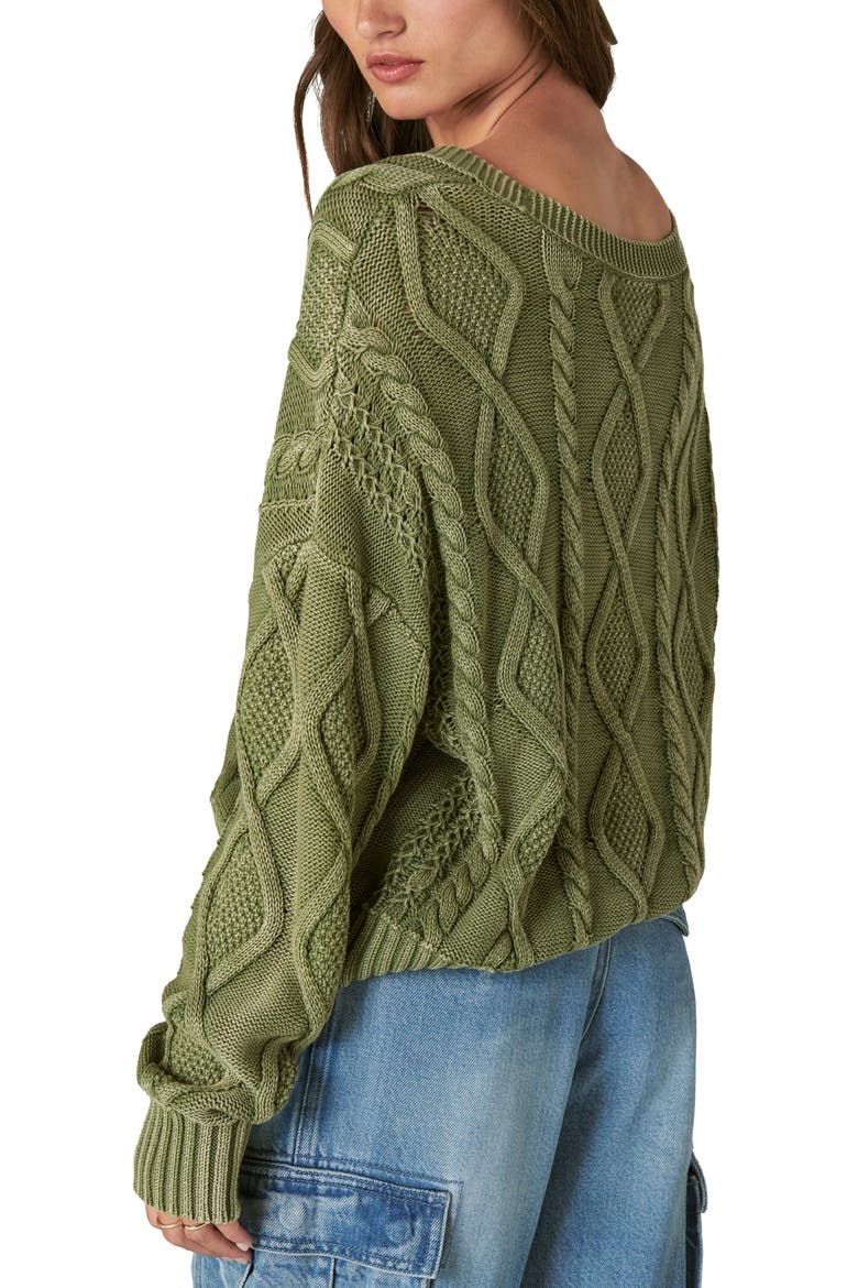 Cable Stitch V-Neck Sweater, Alternate, color, CAPER GREEN AW