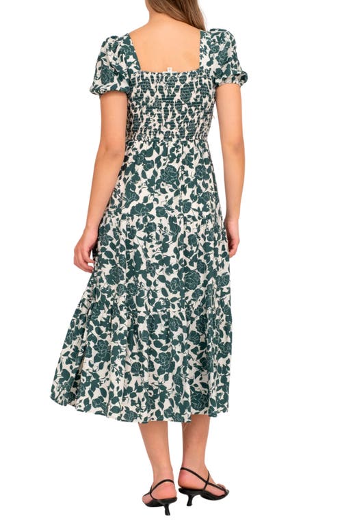 August Sky Floral Puff Sleeve Smocked Midi Dress In Forest Green Multi