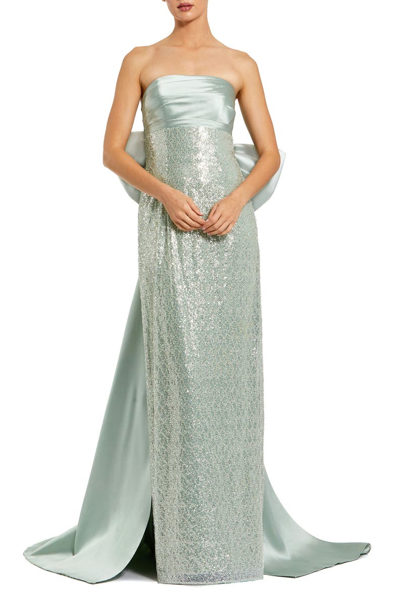 Mac Duggal Strapless Embellished Gown With Back Bow Detail, Main, color, Sage