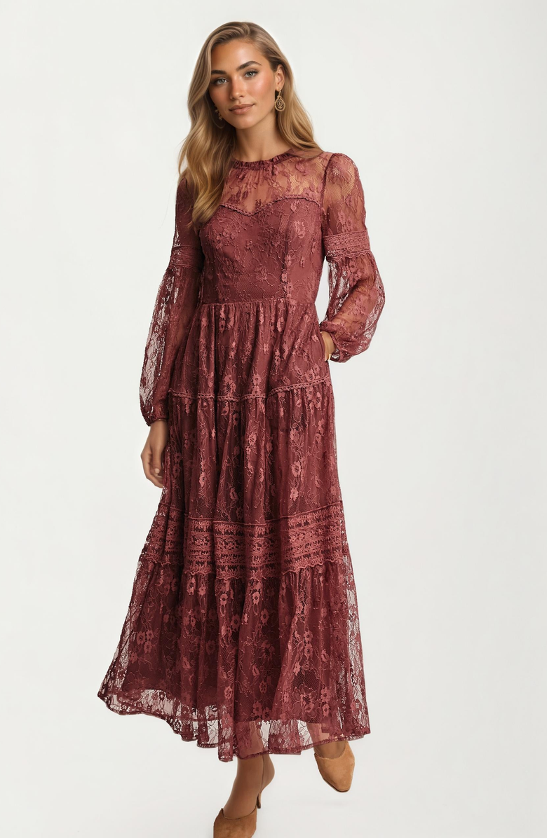 Knit and Lounge Long Sleeve Lace Tiered Maxi Dress, Alternate, color, 