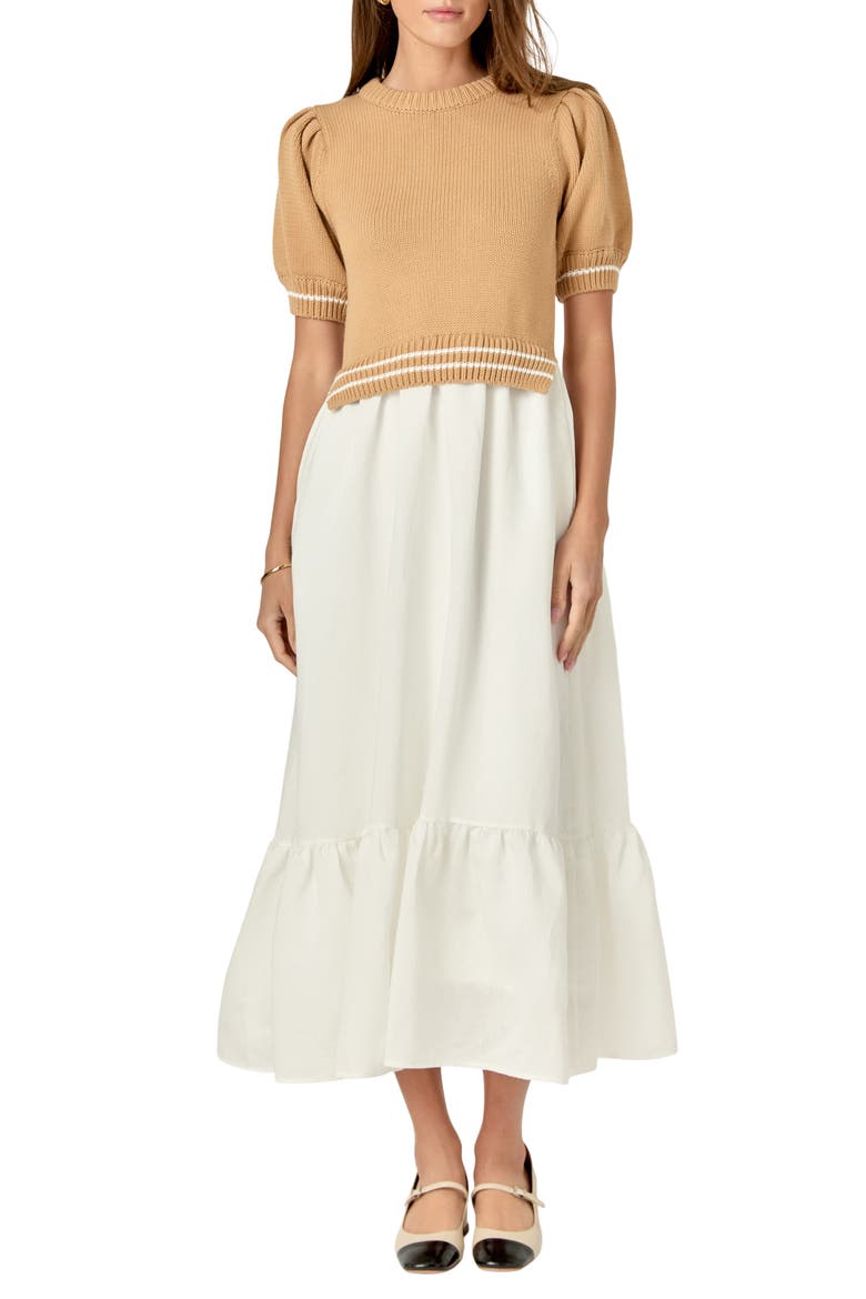 Mixed Media Midi Dress, Main, color, TAN/ WHITE