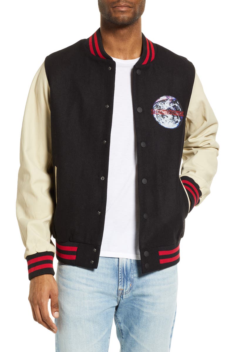 Ksubi Globe Wool Blend & Leather Bomber Jacket, Main, color, 