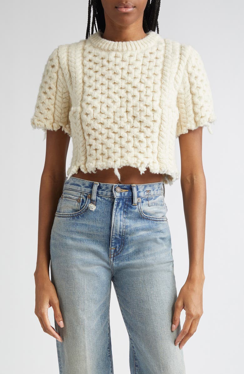 R13 Cutoff Shrunken Fisherman Stitch Wool Sweater, Main, color, Cream