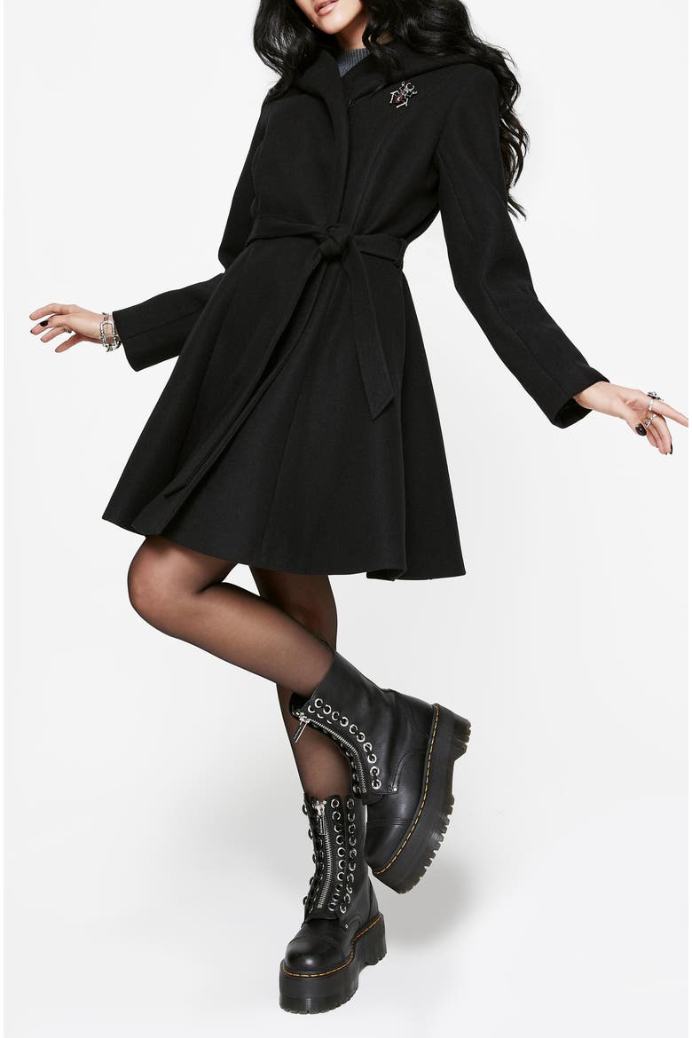 Camilla Tie Waist Hooded Coat, Alternate, color, Black