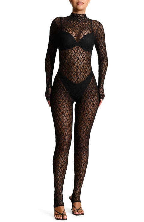 Sheer Lace Long Sleeve Stirrup Jumpsuit