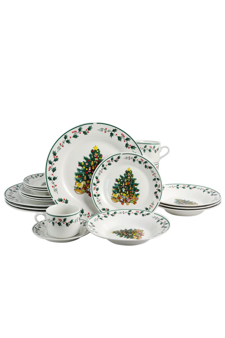 20 Piece Ceramic Christmas Tree Trimming Dinnerware Set, Main, color, White