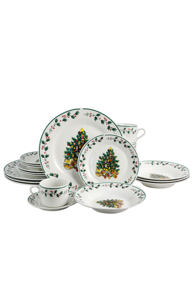 Gibson Home 20 Piece Ceramic Christmas Tree Trimming Dinnerware Set, Main, color, White