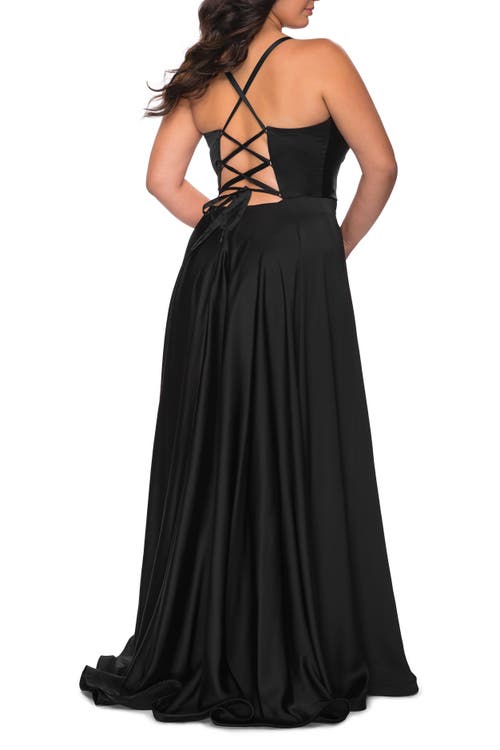 La Femme Satin A-line Plus Dress With Lace Up Back And Pockets