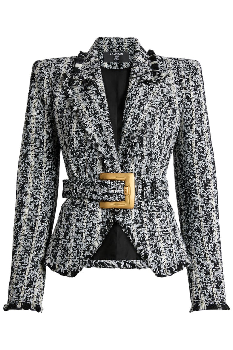 Two-tone tweed belted jacket, Alternate, color, black