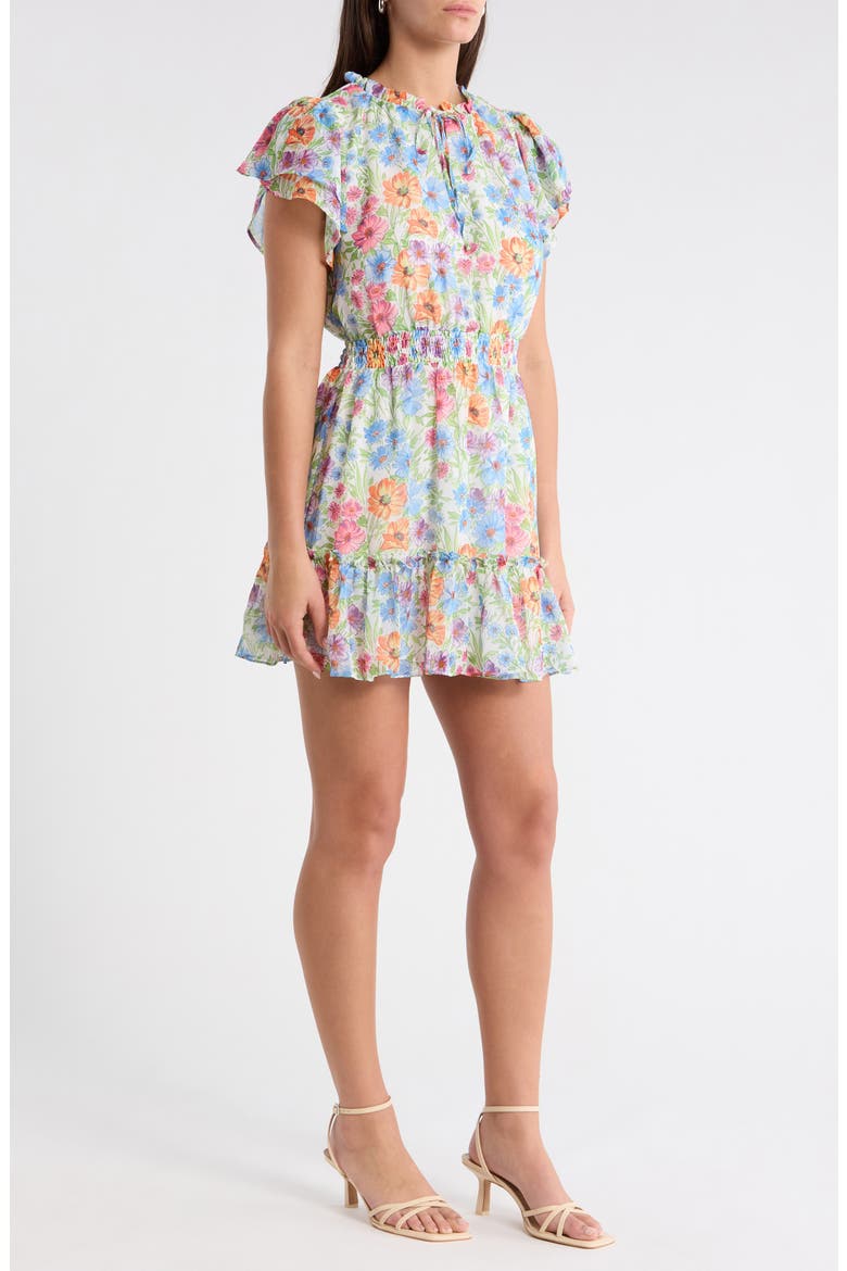 Ezia Garden Floral Print Ruffle Minidress, Alternate, color, BLUE-PINK