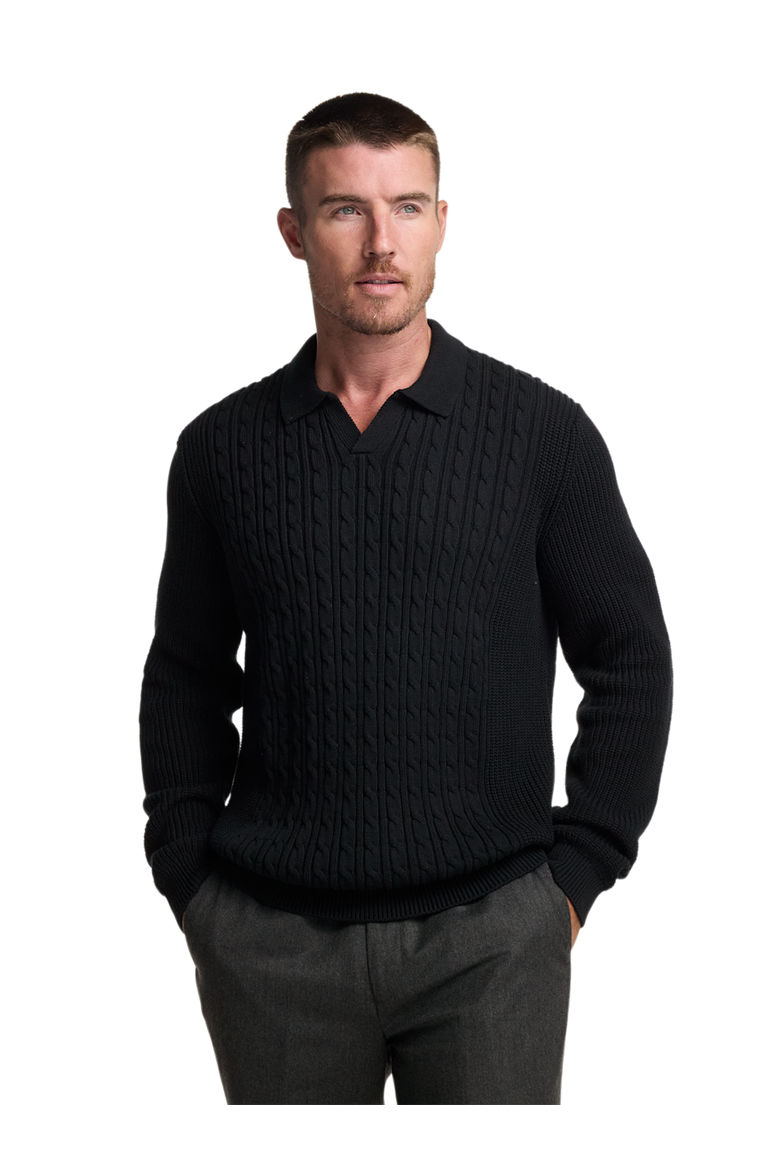 Cotton Cable V-neck Polo, Alternate, color, Black