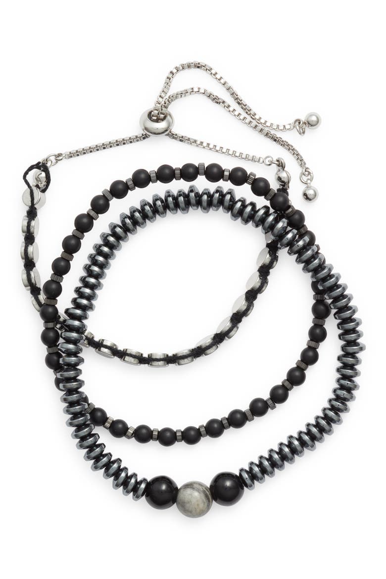Men's Assorted Set of 3 Metal Bead Bracelets, Main, color, BLACK- SILVER