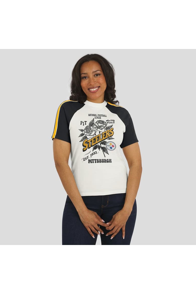 Women's WEAR by Erin Andrews White Pittsburgh Steelers Sleeve Stripe Distressed Raglan T-Shirt, Alternate, color, White
