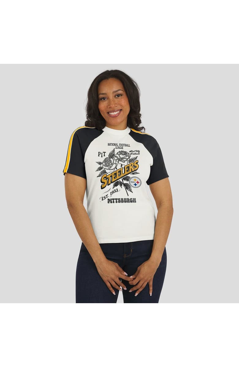 WEAR by Erin Andrews Women's WEAR by Erin Andrews White Pittsburgh Steelers Sleeve Stripe Distressed Raglan T-Shirt, Alternate, color, White