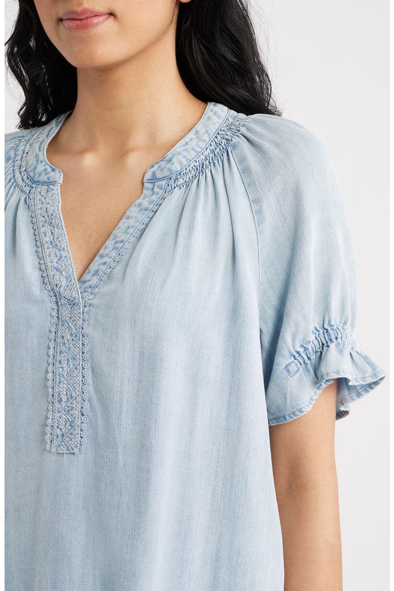 Smocked Embroidered Chambray Top, Alternate, color, POWDER BLUE